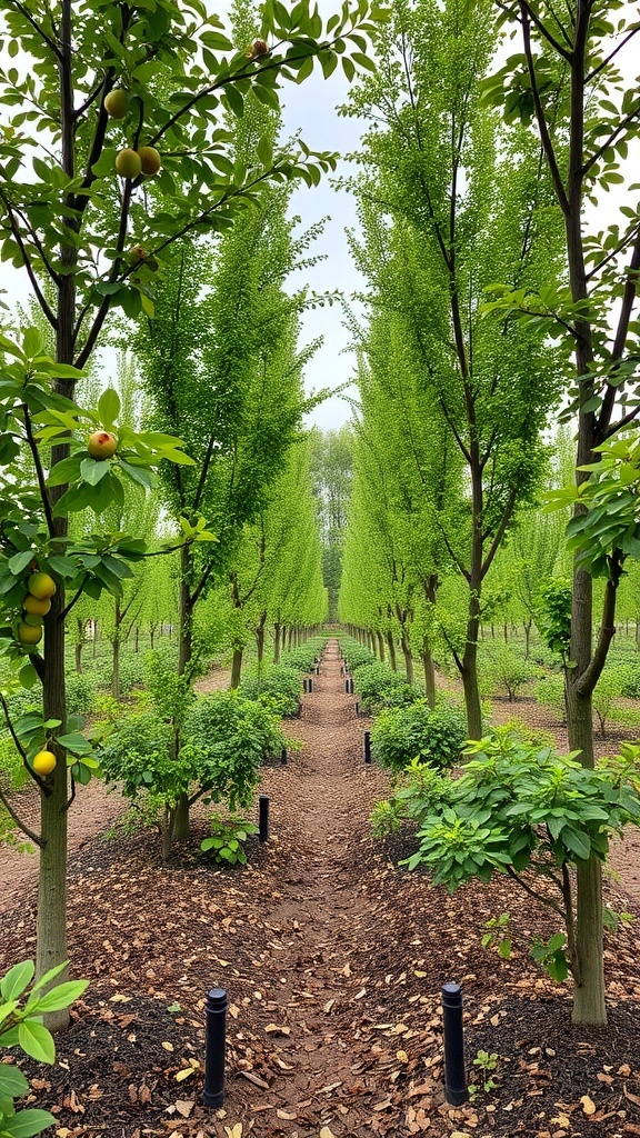 A garden layout featuring tall fruit trees and lush berry bushes, showcasing a productive and visually appealing space.