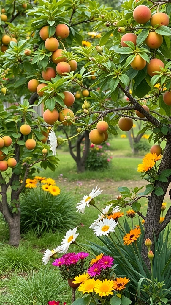 A vibrant fruit tree garden featuring trees with ripe fruits and colorful seasonal flowers.