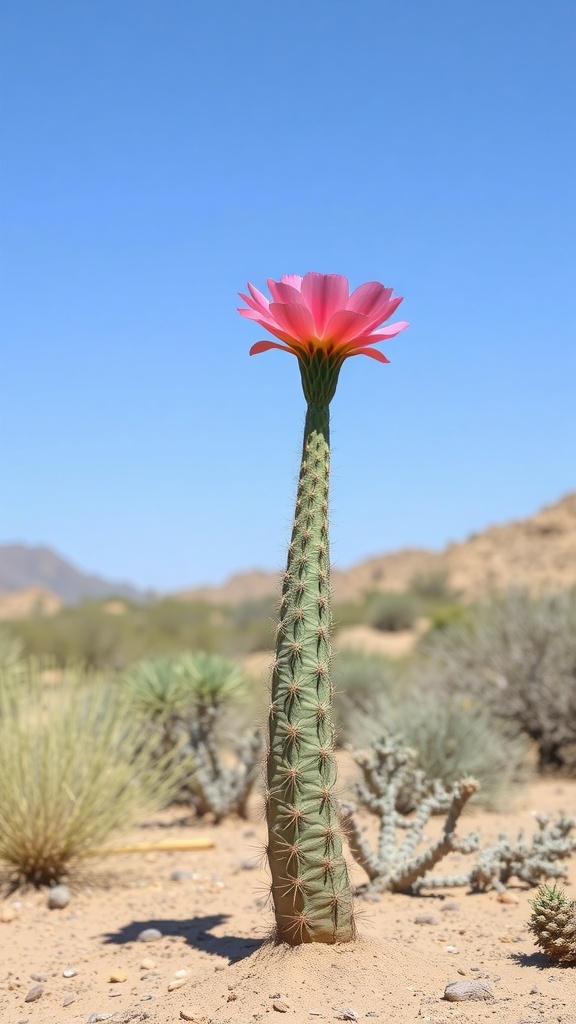 A tall cactus with a bright pink flower blooming on top against a clear blue sky.