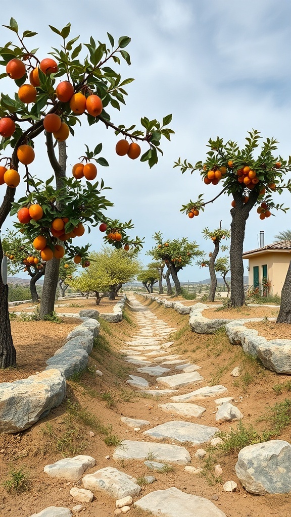 A beautiful fruit tree garden with orange trees and a stone pathway.
