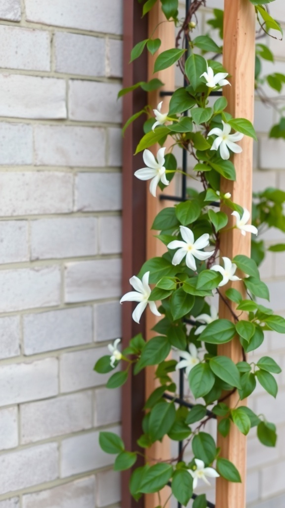 Jasmine flowers climbing on a wooden trellis with green leaves.