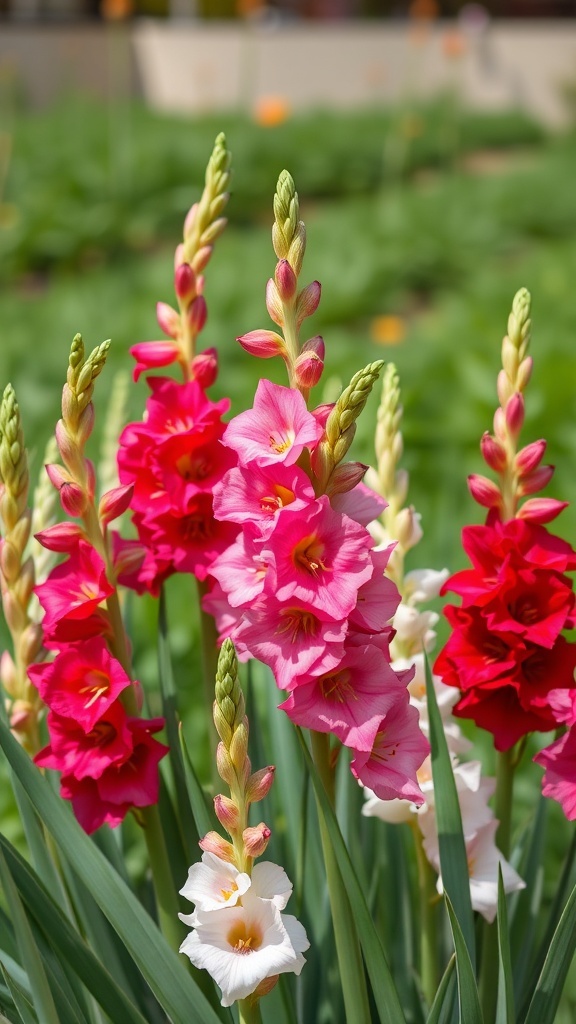 Colorful gladiolus flowers in shades of pink, red, and white, standing tall in a garden.