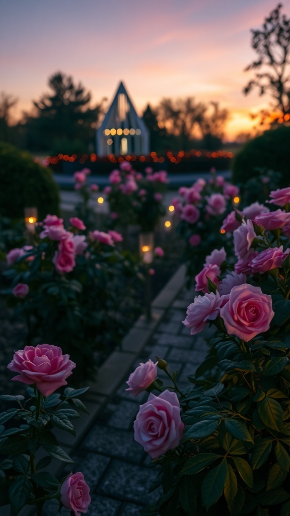 A beautiful rose garden with pink roses illuminated by garden lights at sunset.