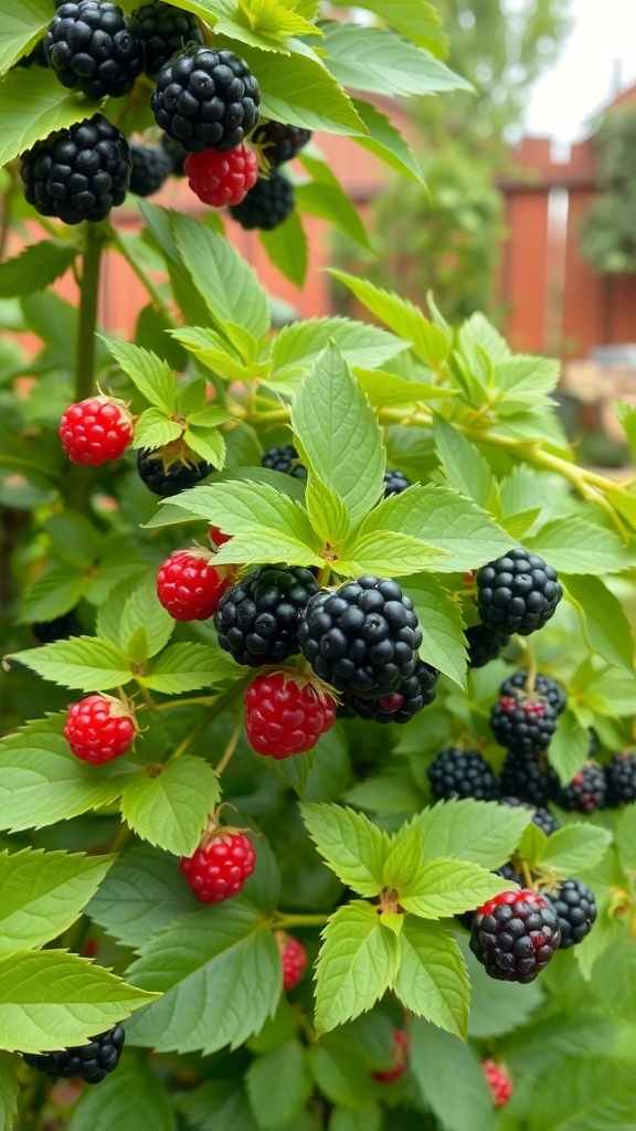 Close-up of blackberry bushes with ripe blackberries and red berries