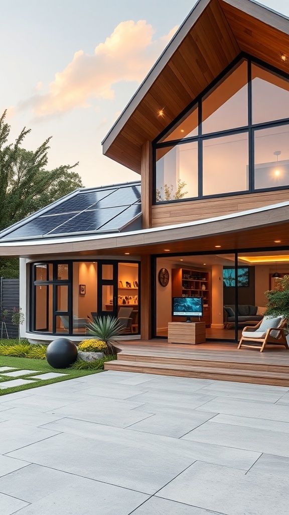 A modern home with solar panels, large glass windows, and a stylish front view.