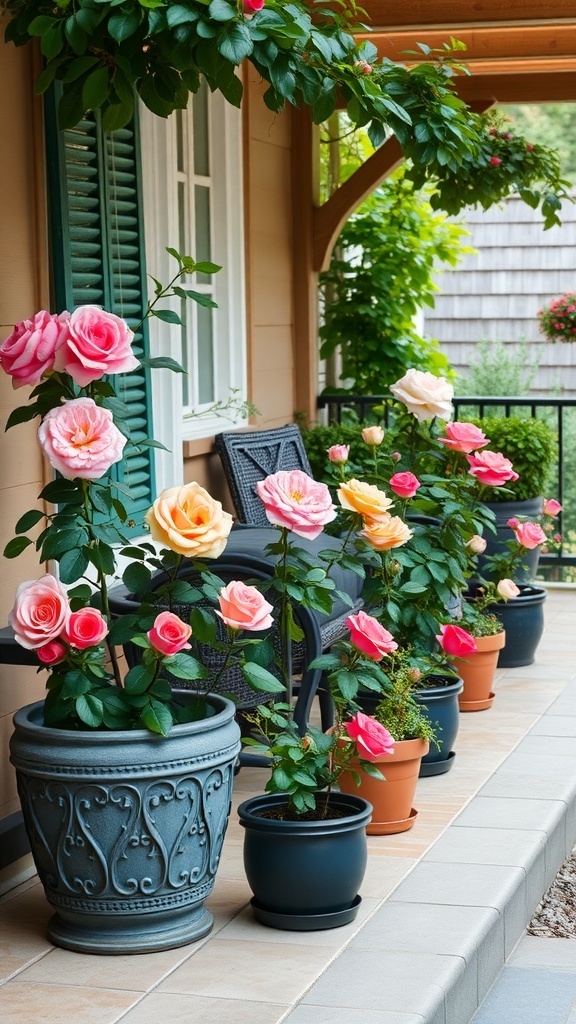 A patio filled with vibrant roses in various pots, showcasing shades of pink and peach.