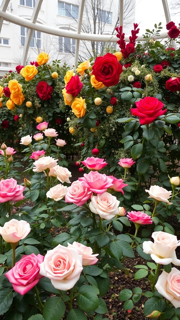 A colorful rose garden featuring red, yellow, and pink roses in full bloom.