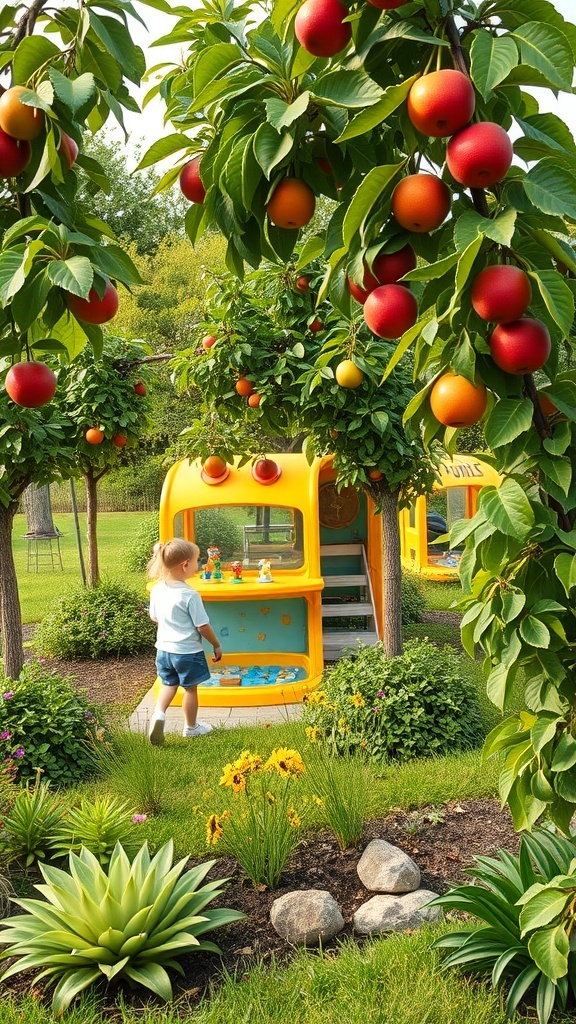 A child exploring a colorful playhouse in a fruit tree garden filled with red and orange fruits.