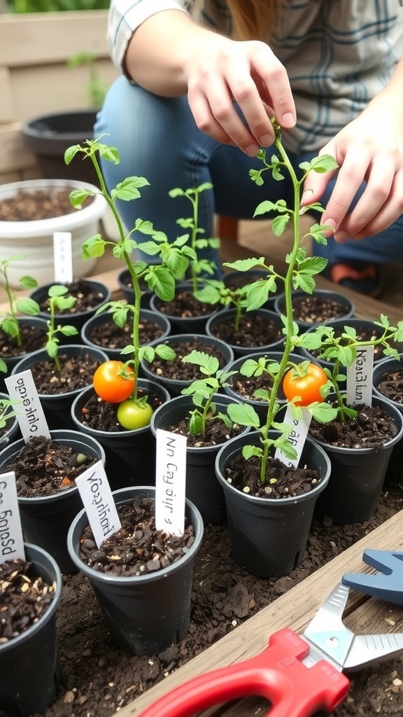 A young gardener tending to tomato seedlings in pots, with labels for different varieties.