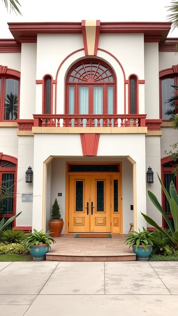 Art Deco style house front view with red accents and wooden double doors