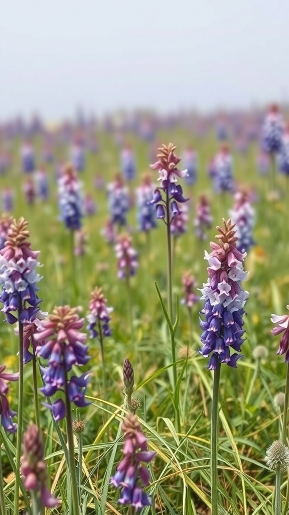 A field of tall larkspur flowers in shades of blue, purple, and pink.