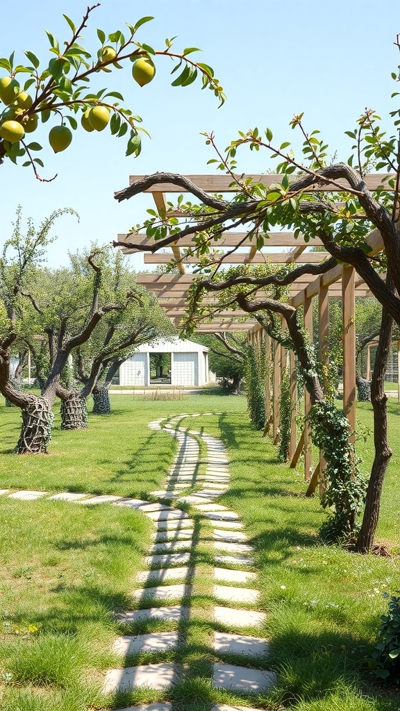A fruit tree garden featuring a winding stone pathway and arbors, surrounded by lush greenery and fruit-laden trees.