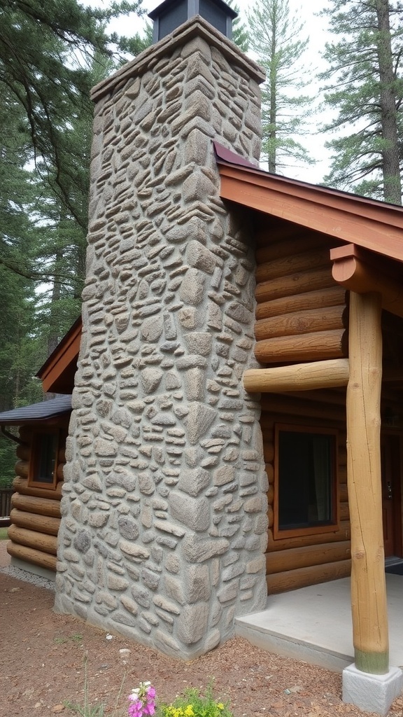 A rustic log cabin with a stone chimney and wooden deck, surrounded by trees.