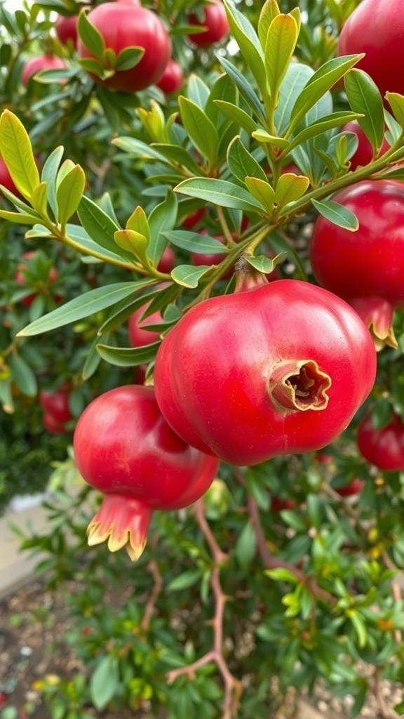 A pomegranate tree with bright red fruits and lush green leaves.