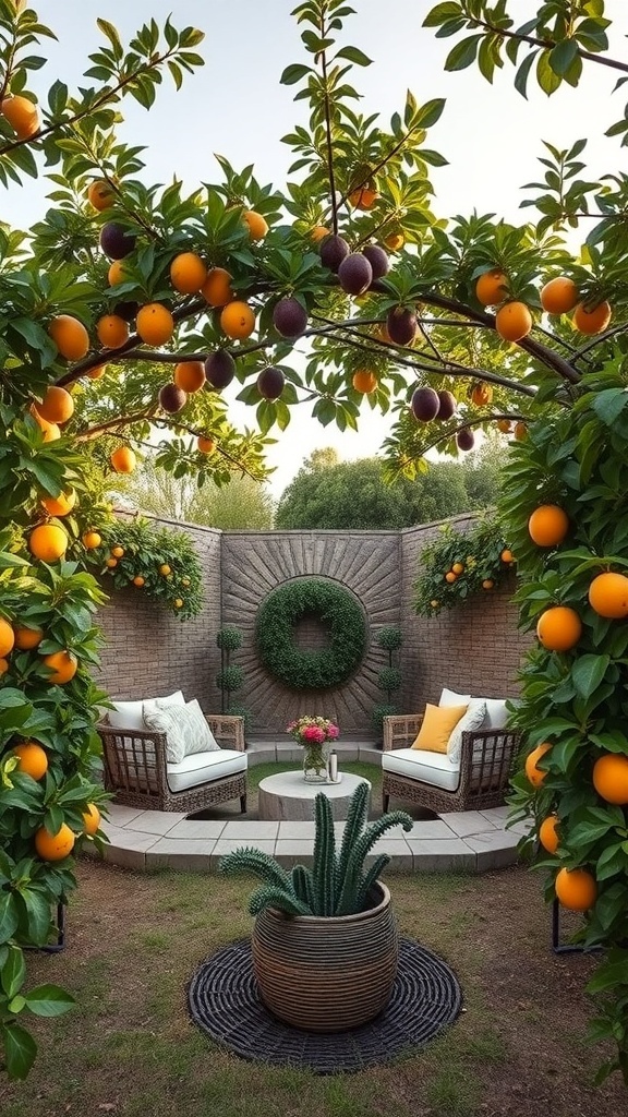 A cozy seating area under a fruit tree with oranges, featuring a couch and a round table.