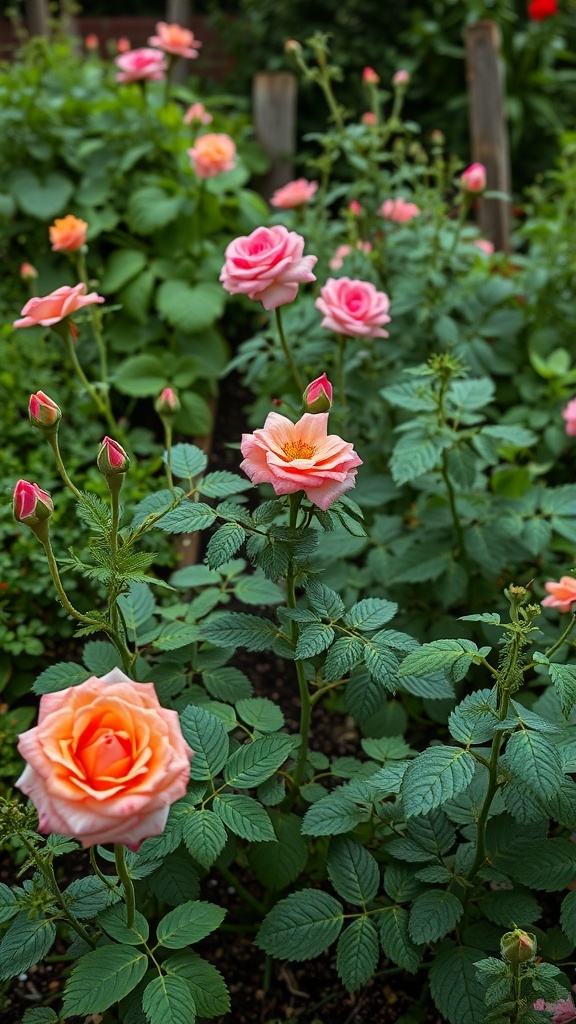 A vibrant garden filled with pink and peach roses, showcasing the beauty of edible roses in a backyard space.