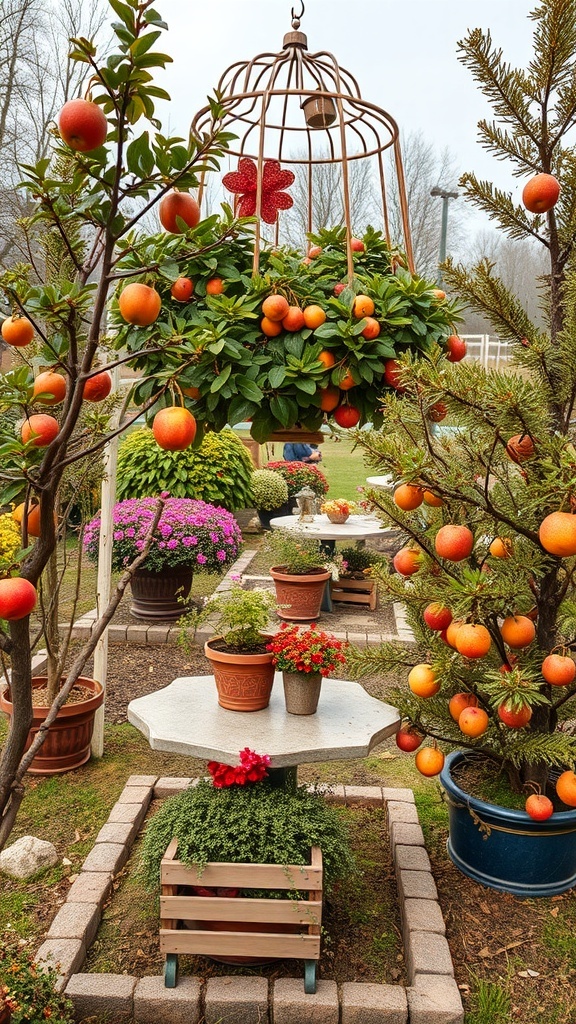 A vibrant Fruit Tree Garden featuring hanging oranges, colorful flowers, and cozy seating areas.