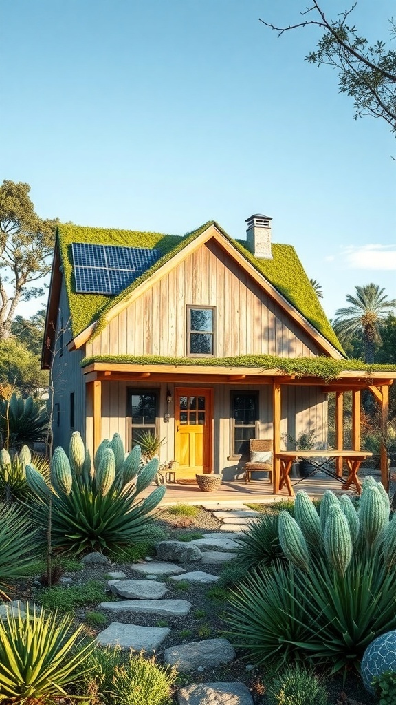 Eco-friendly green home with a moss-covered roof and solar panels, surrounded by lush plants.