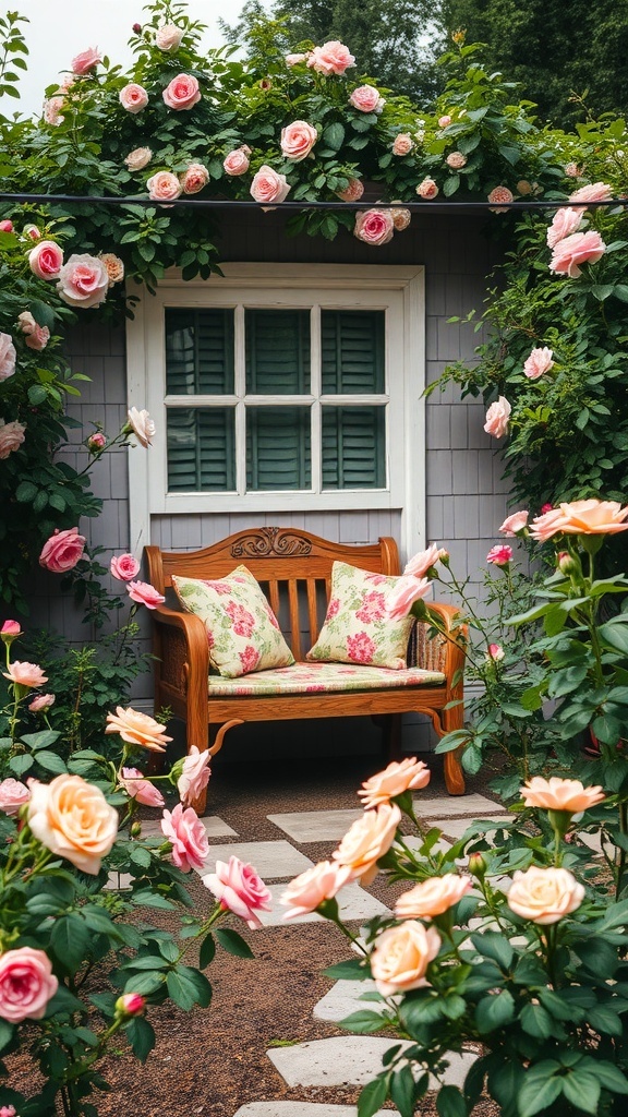 A cozy wooden bench with floral cushions surrounded by blooming roses and a stone path.