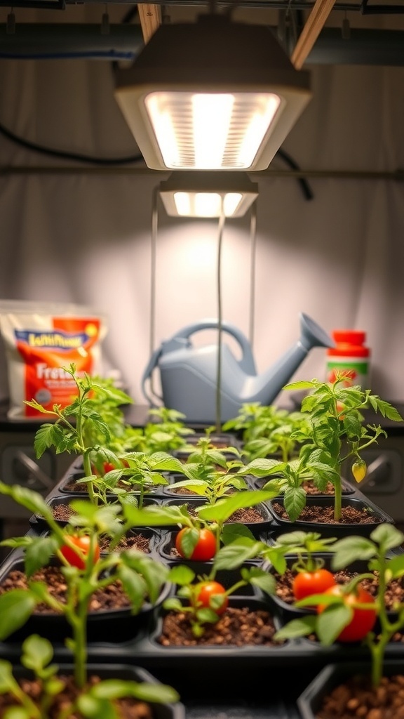 Young tomato seedlings under grow lights with a watering can and seed starting mix in the background.