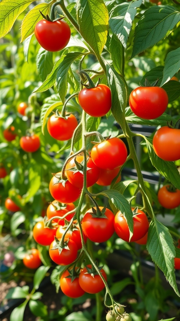 A vibrant cluster of ripe cherry tomatoes on the vine, showcasing their bright red color and lush green leaves.