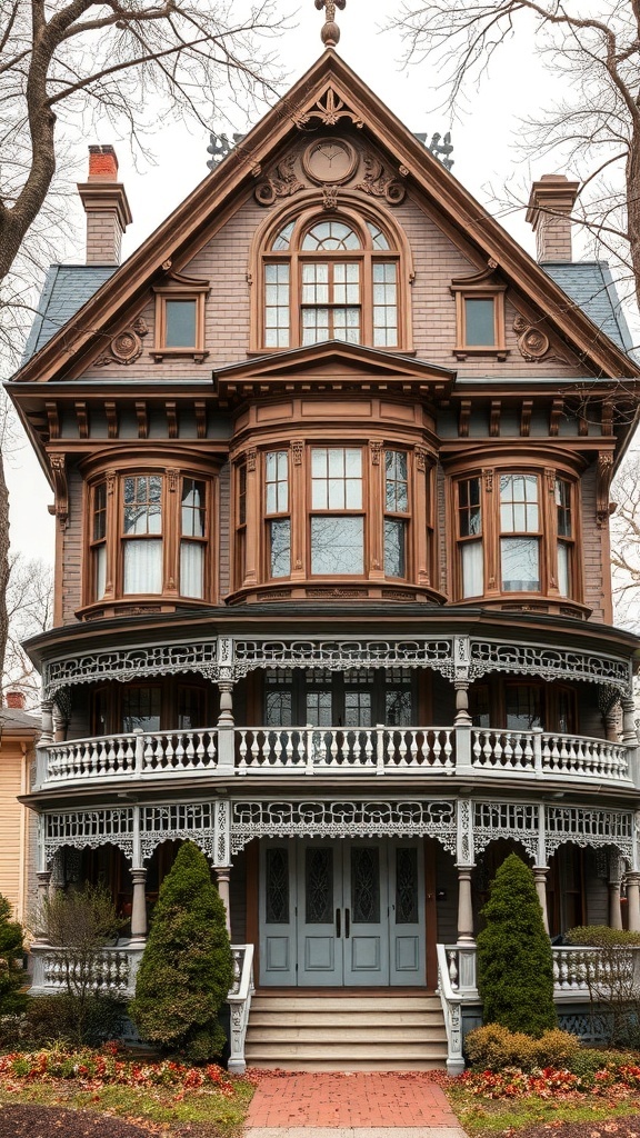 A stunning Victorian house with intricate details, large windows, and a wrap-around porch, surrounded by greenery and flowers.