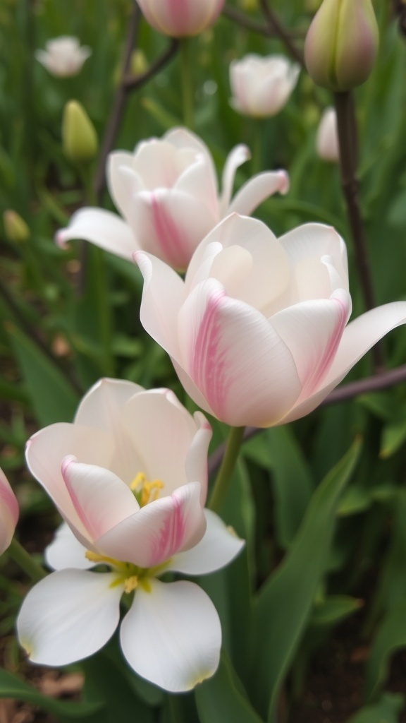Close-up of tulip tree blossoms with creamy white petals and soft pink accents.