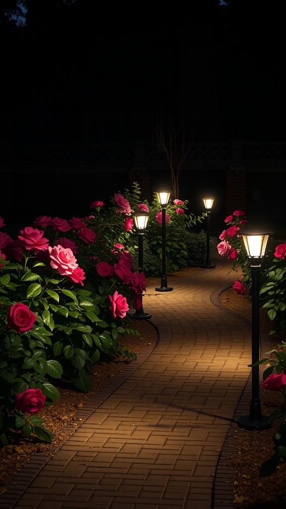 Pathway illuminated by lights surrounded by blooming pink roses in a garden
