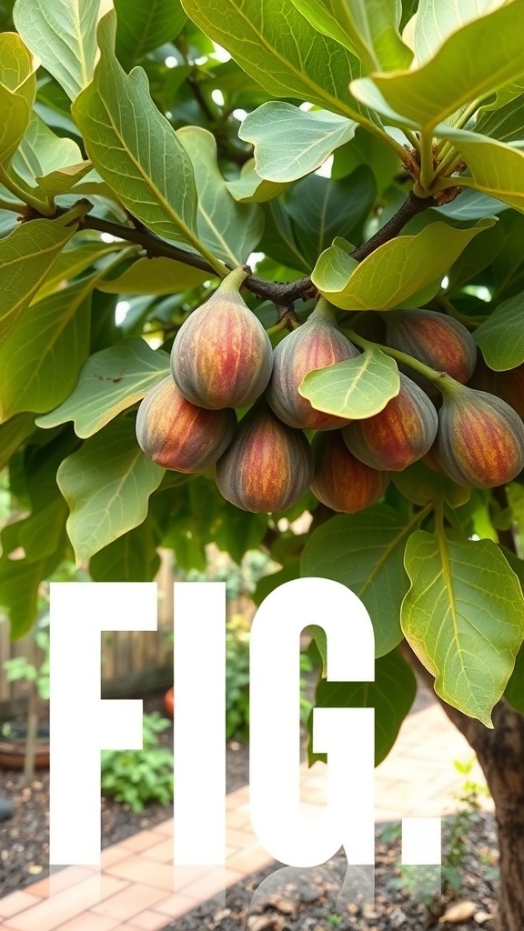 Ripe figs hanging from a fig tree with green leaves in the background.