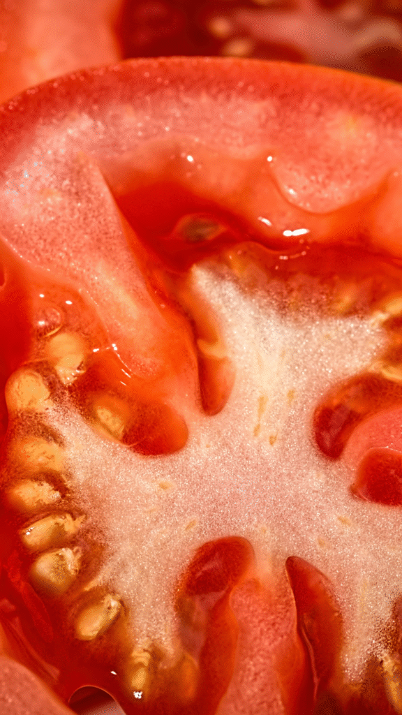 Hands holding a halved ripe tomato with seeds visible inside.