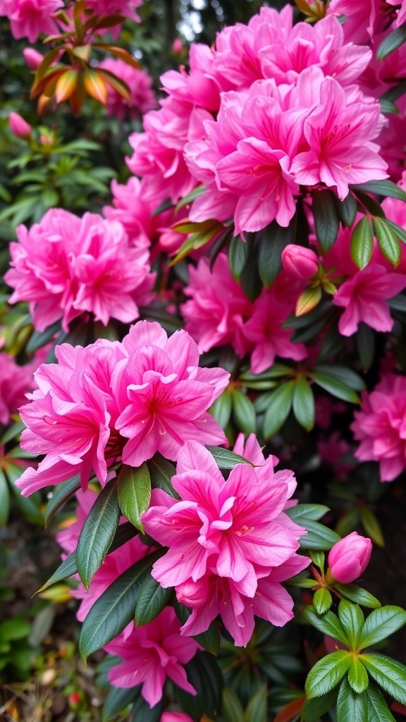 Close-up of bright pink rhododendron flowers with green leaves