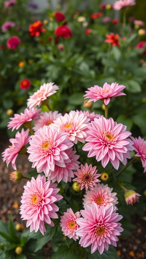 A cluster of pink dahlias with layered petals in a garden setting.