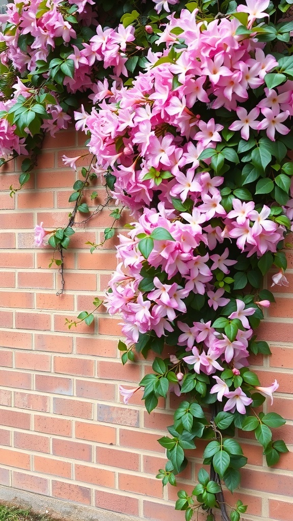 Pink jasmine climbing a brick wall, showcasing vibrant pink flowers and green leaves.