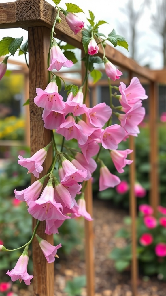 Pink sweet peas climbing a wooden trellis in a garden.
