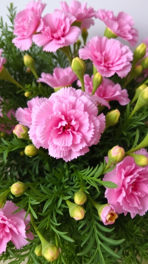A close-up of pink carnations in a floral arrangement, showcasing their ruffled petals and vibrant color.