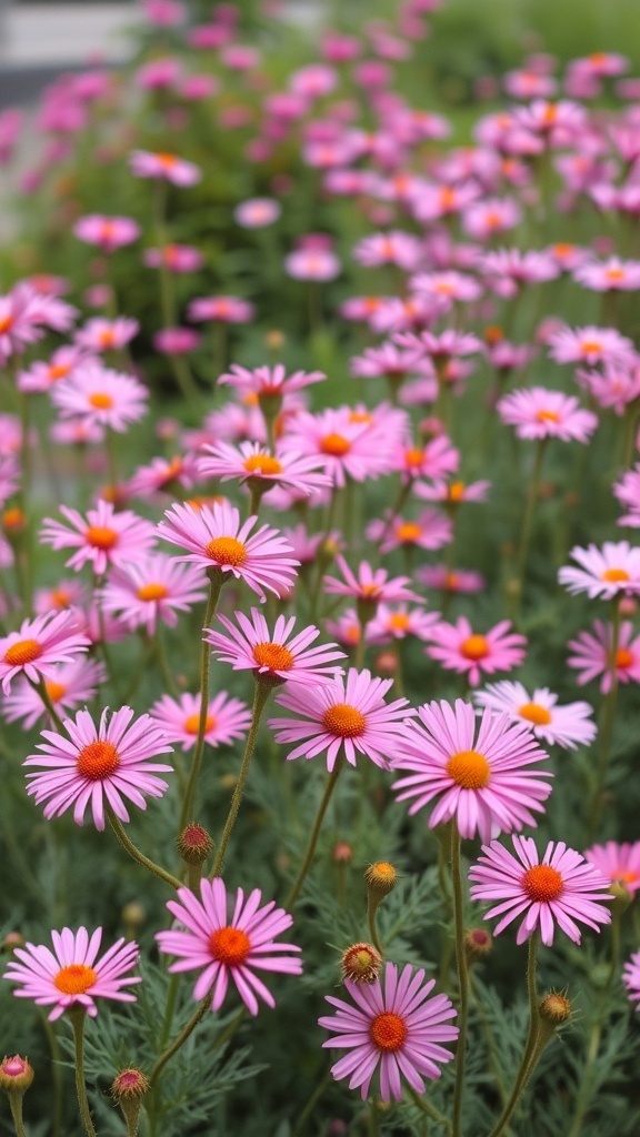A vibrant patch of pink asters in full bloom, showcasing their bright petals and yellow centers.