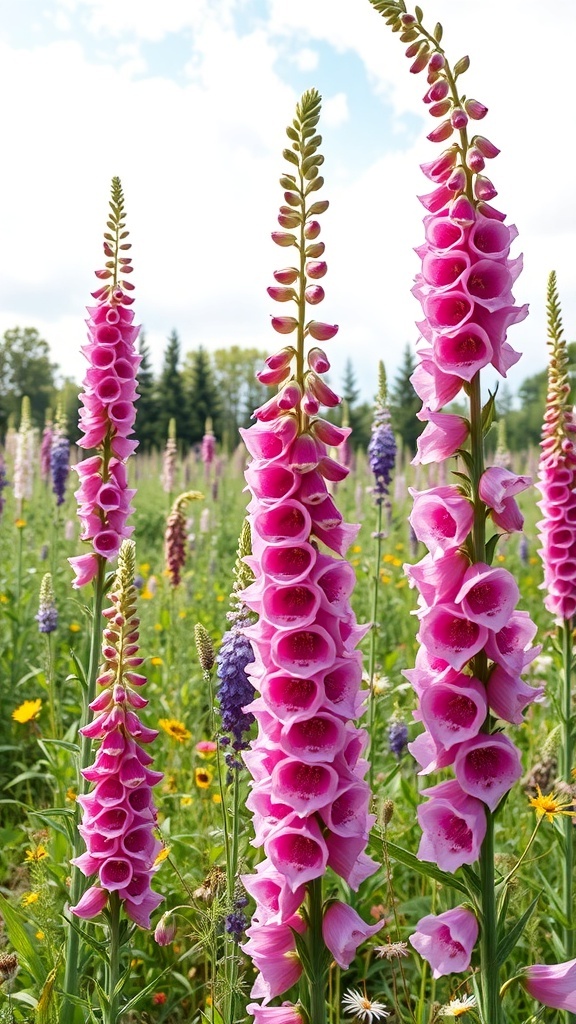 Tall pink foxgloves in a garden with green foliage