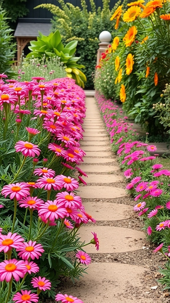 A vibrant garden pathway bordered by pink and orange Calendula flowers.
