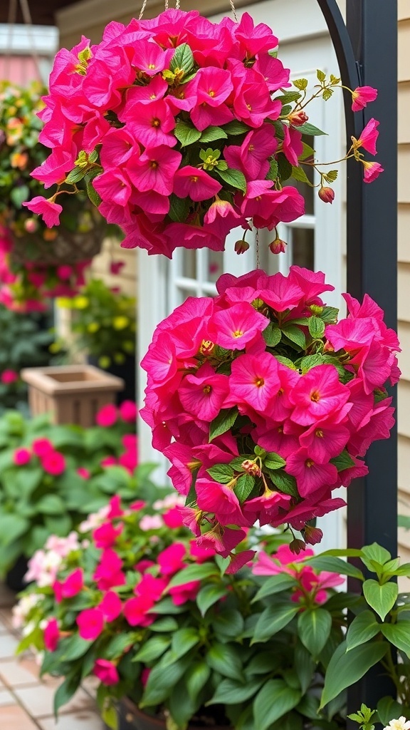 Hanging baskets filled with vibrant pink begonias