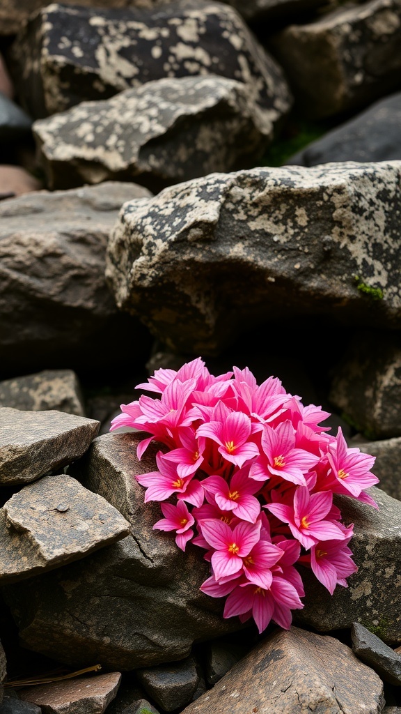 A cluster of pink ice plant flowers blooming among rocks.