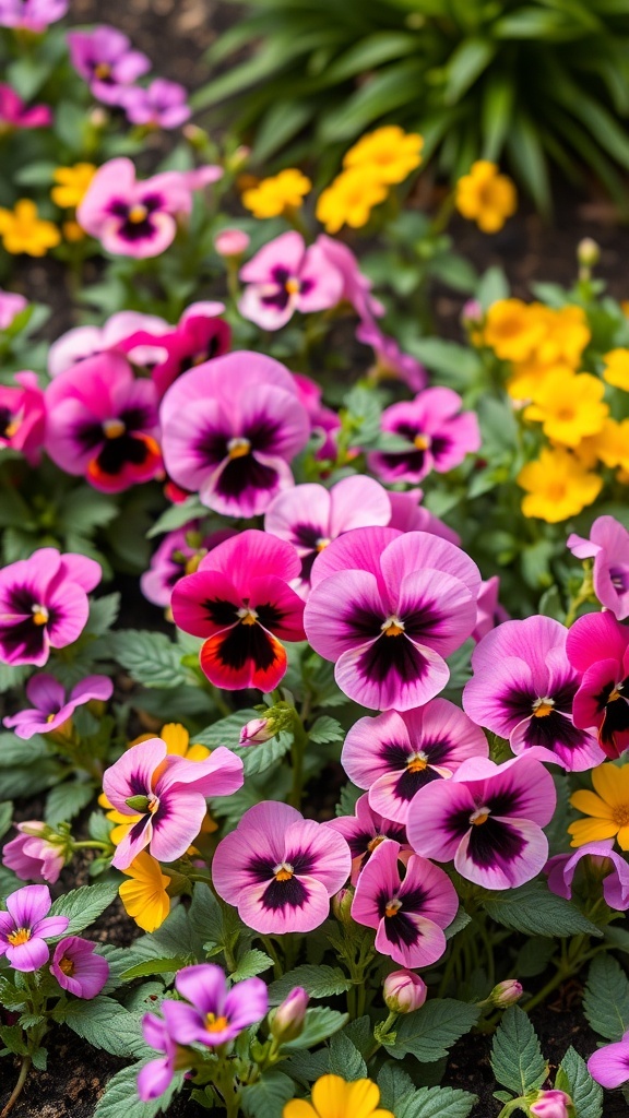 A colorful display of pink pansies with deep purple centers and some yellow flowers in the background.