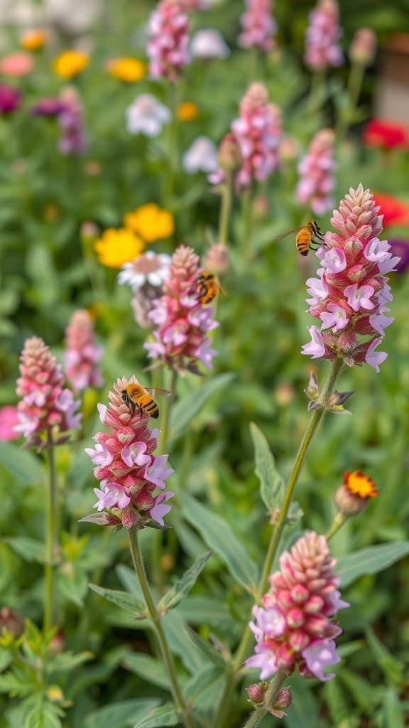 Pink Sage flowers with bees in a colorful garden