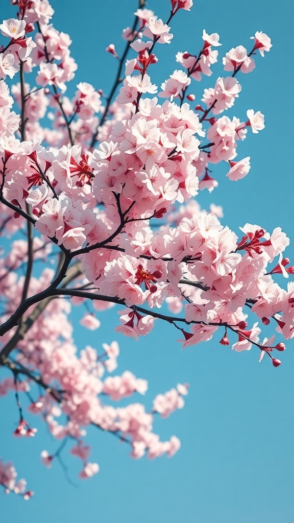 Cherry blossom tree with pink flowers against a blue sky