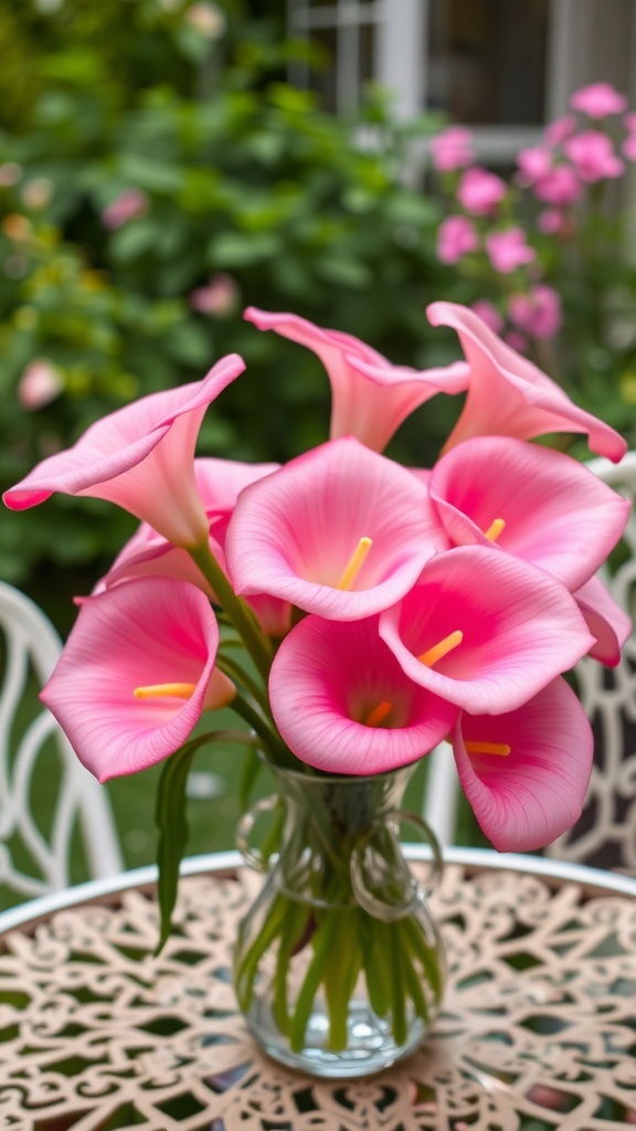 A vase filled with pink calla lilies on a decorative table.