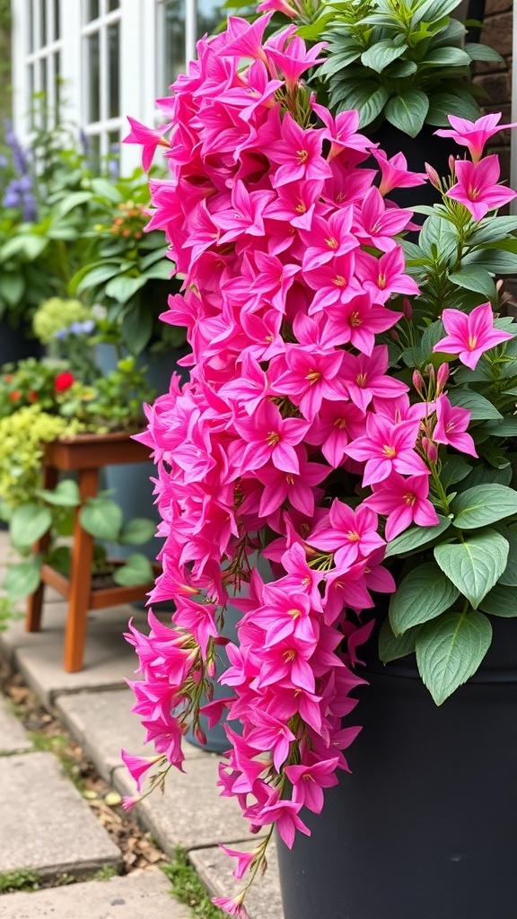 A vibrant display of pink lobelia cascading from a container, showcasing bright flowers and lush green leaves.