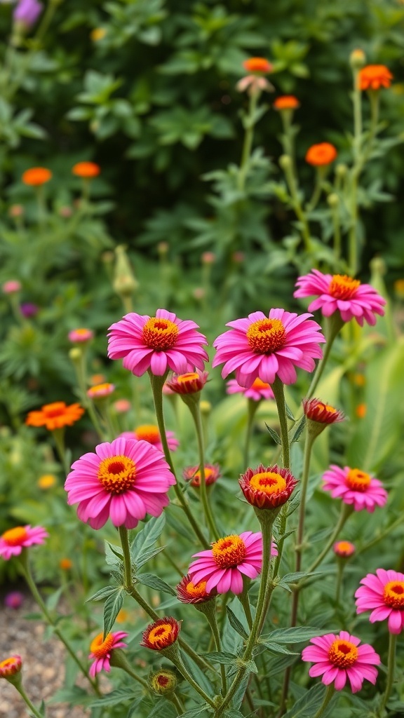 Vibrant pink Tithonia flowers in a garden