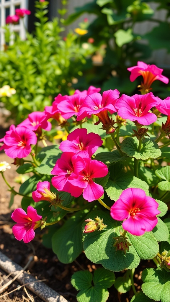 A cluster of bright pink geraniums in a sunny garden spot