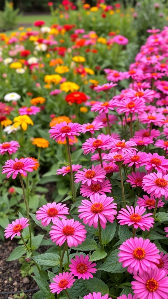 A colorful garden border featuring bright pink zinnias among other vibrant flowers.