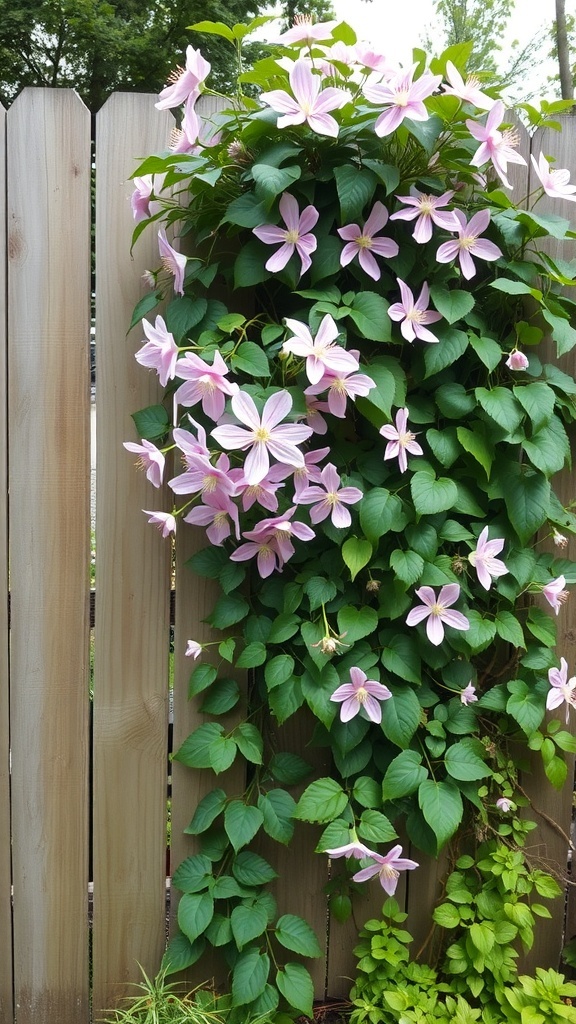 Clematis vines with pink blooms climbing a wooden fence