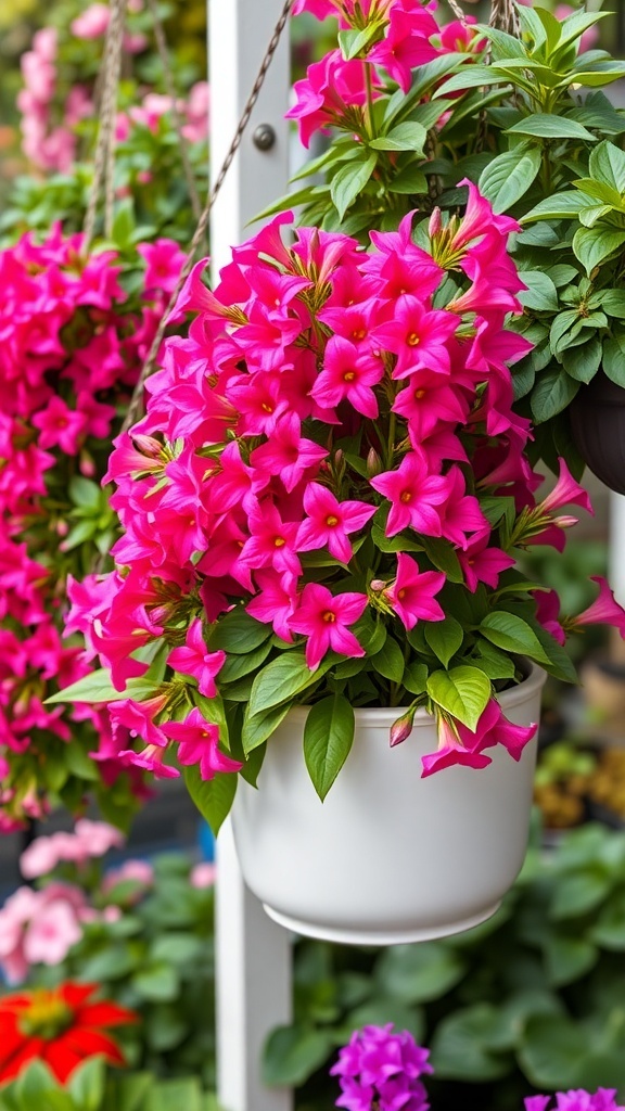 Vibrant pink lobelia flowers in hanging planters